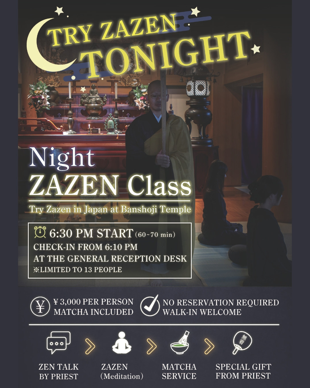 Night Zazen Class poster, Banshoji Temple, Nagoya