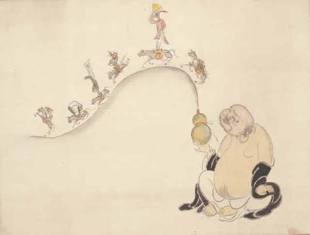 白隠慧鶴《曲馬図》布袋が曲芸の馬乗りを眺める様子を描いた淡彩画